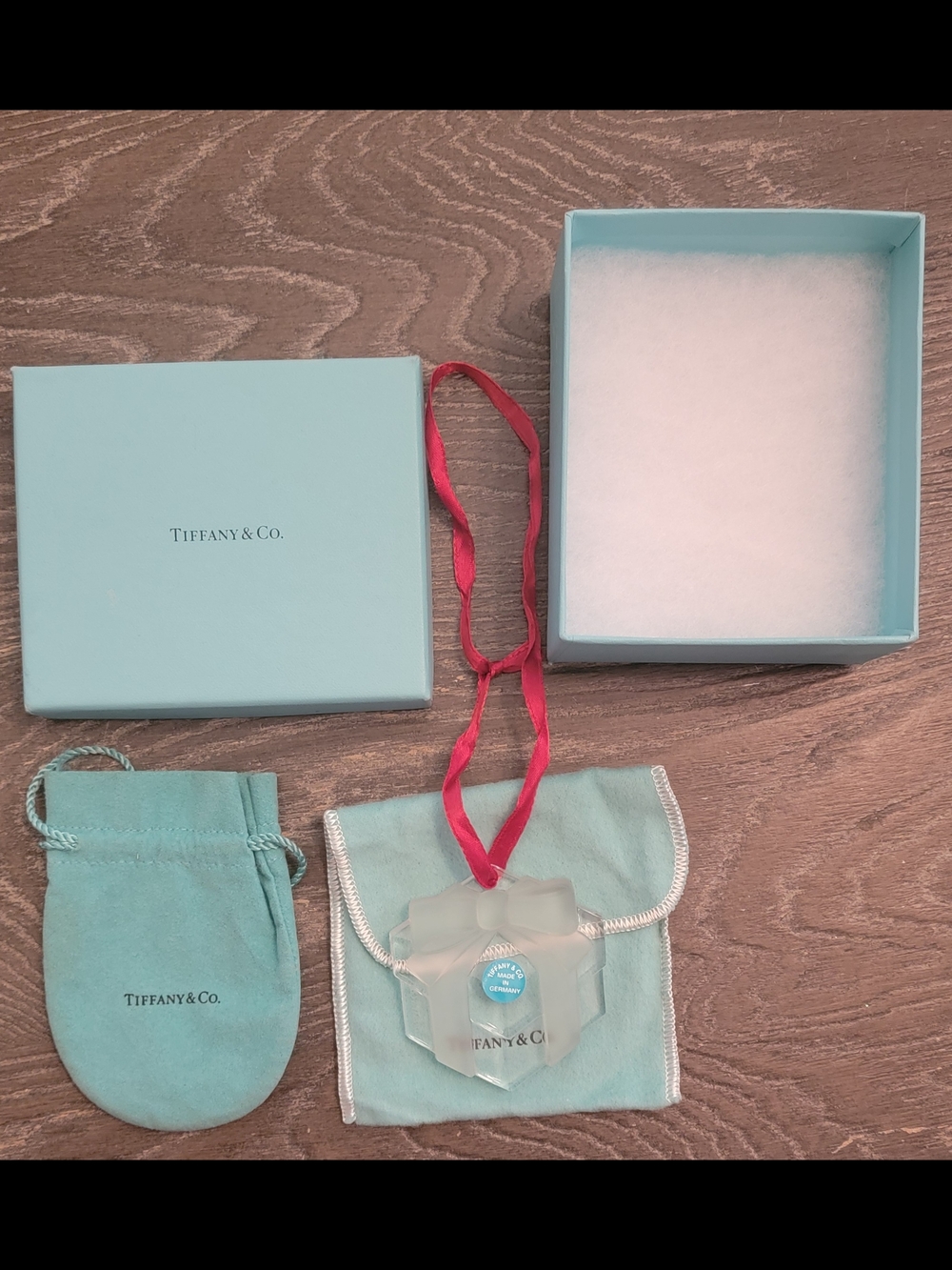 Tiffany & Co. Blue Gift Box Set with Red Ribbon Ornament